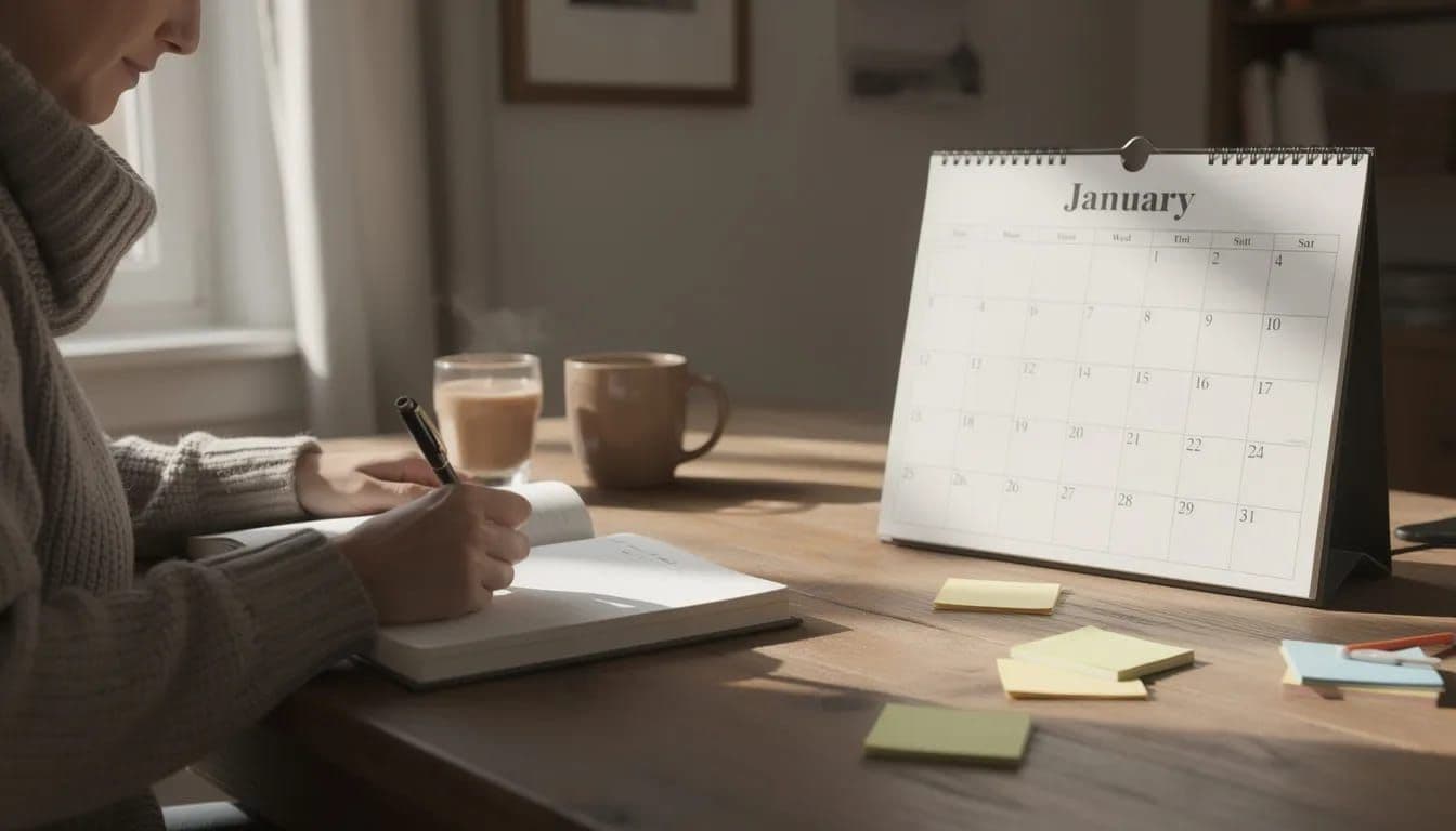 A person journaling beside a January calendar on a wooden table, representing the benefits of Dry January week by week and the progress made throughout the month.