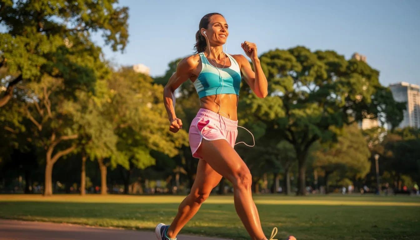 A woman jogging outdoors in the sunshine with earphones in, representing improved energy and physical health during Dry January.