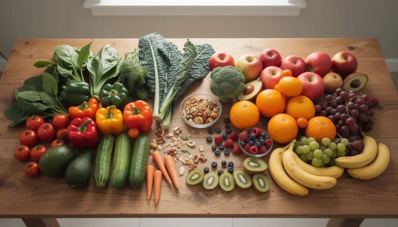 A colorful assortment of fresh fruits, vegetables, nuts, and berries arranged on a wooden table to represent healthy nutrition during Dry January.