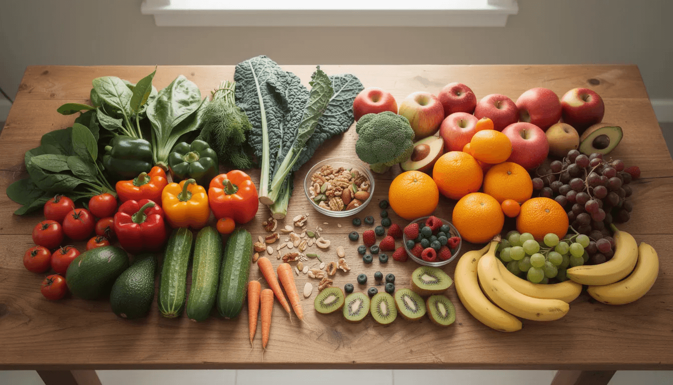 A colorful assortment of fresh fruits, vegetables, nuts, and berries arranged on a wooden table to represent healthy nutrition during Dry January.