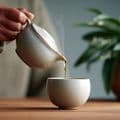 Pouring herbal tea into a ceramic cup, symbolizing calm routines and the benefits of Dry January week by week.