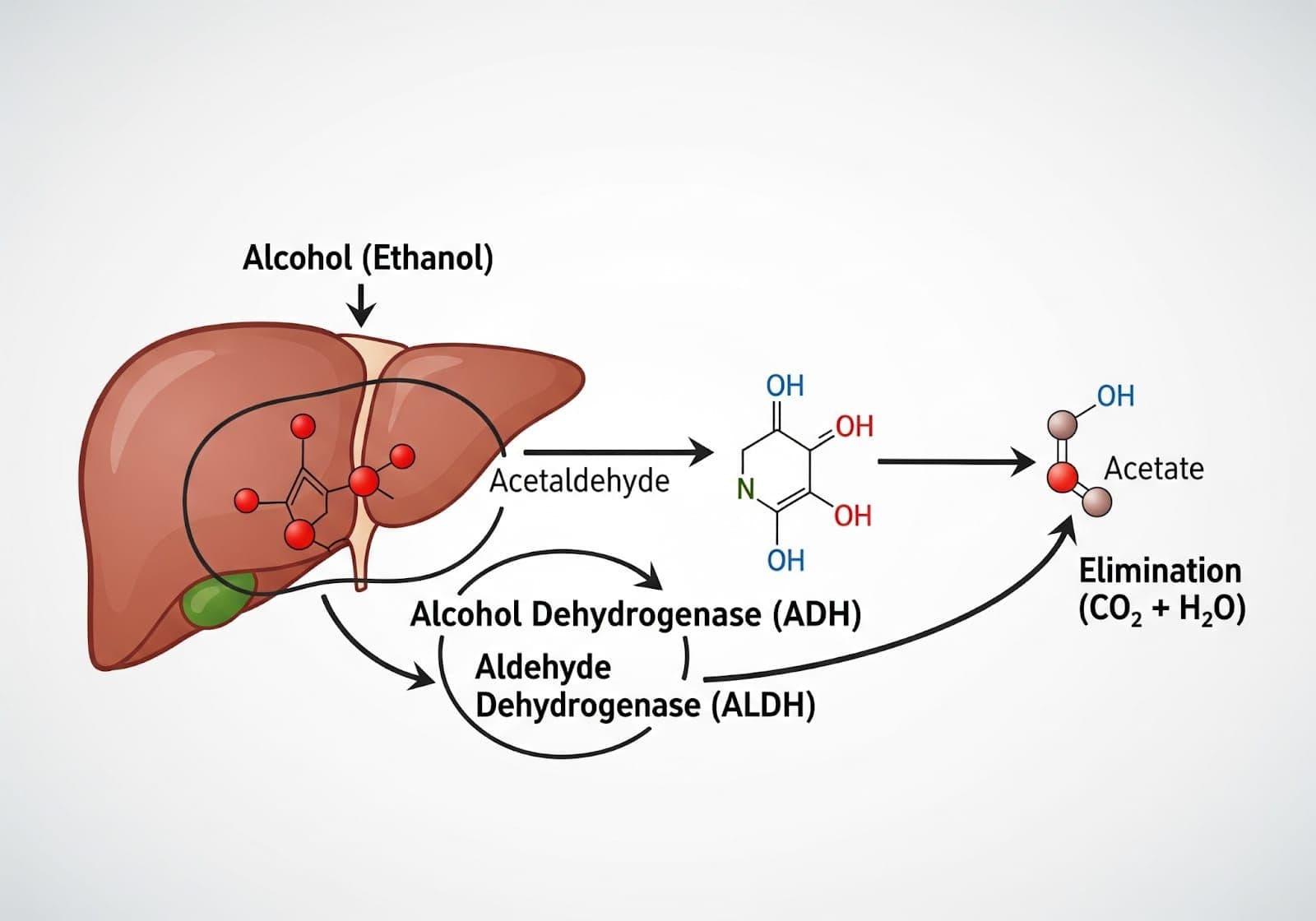 Diagram showing how long does alcohol stay in your system, illustrating liver metabolism of ethanol into acetaldehyde and acetate through ADH and ALDH enzymes