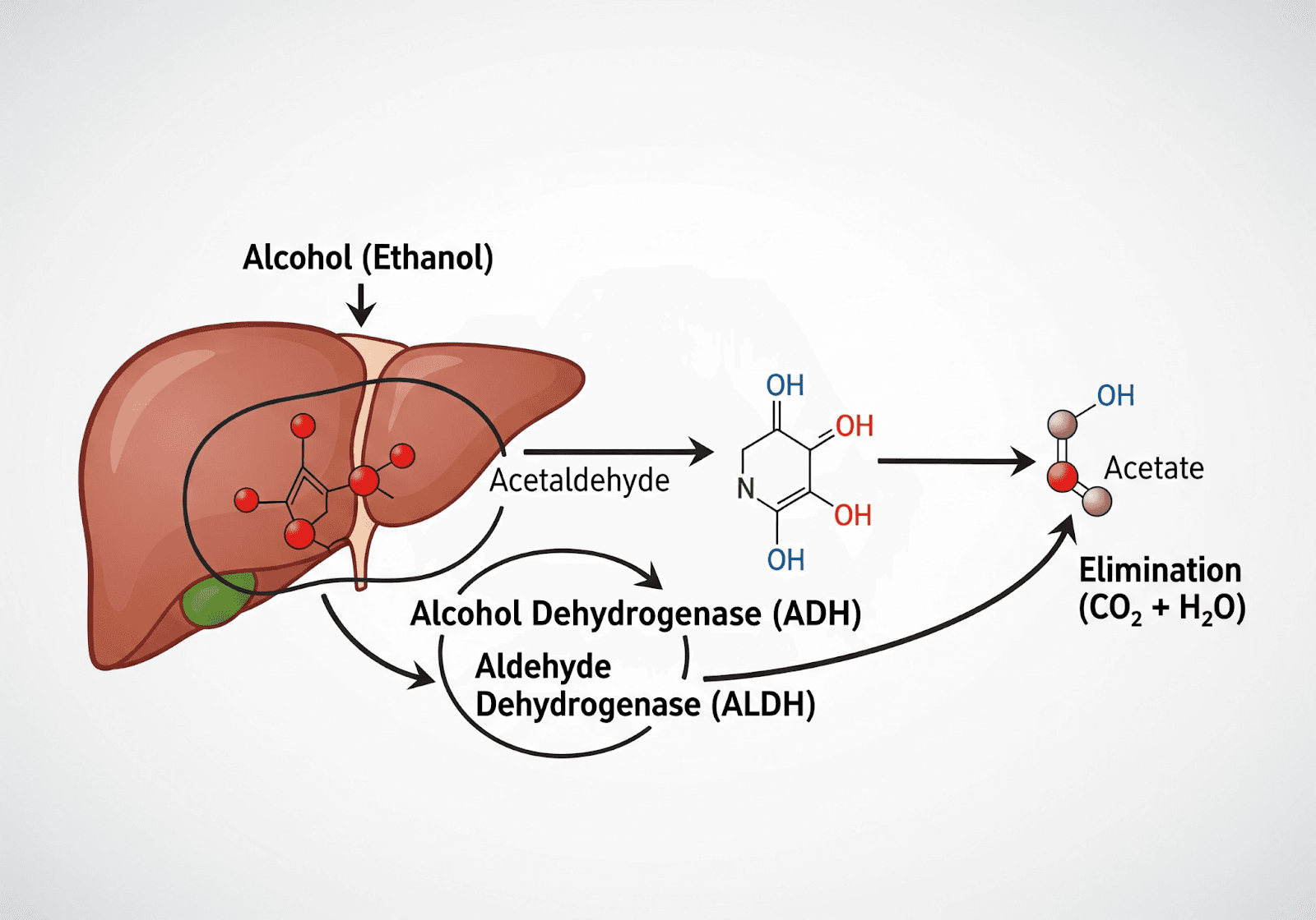 Diagram showing how long does alcohol stay in your system, illustrating liver metabolism of ethanol into acetaldehyde and acetate through ADH and ALDH enzymes