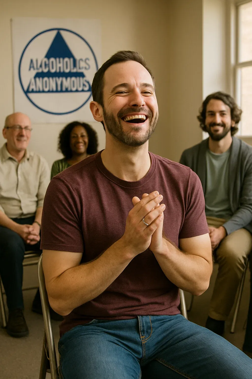 A smiling man at an Alcoholics Anonymous meeting surrounded by supportive peers, symbolizing community and connection on National Sober Day.