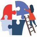 Psychotherapist woman connecting jigsaw pieces of a head together. Support people with mental illness. Brainstorming, creativity and therapy.