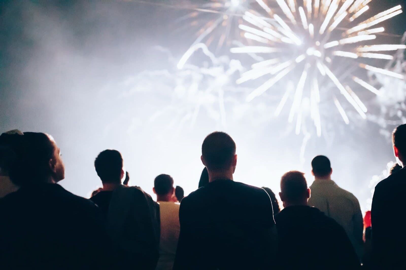 People watching fireworks during a sober New Year's Eve celebration, standing together outdoors under a bright night sky.