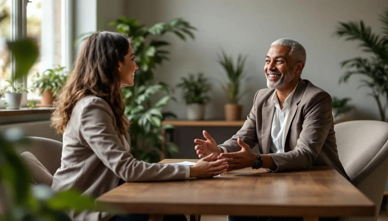 Therapist and client having a supportive conversation in a calm office setting, illustrating solution focused therapy for addiction.