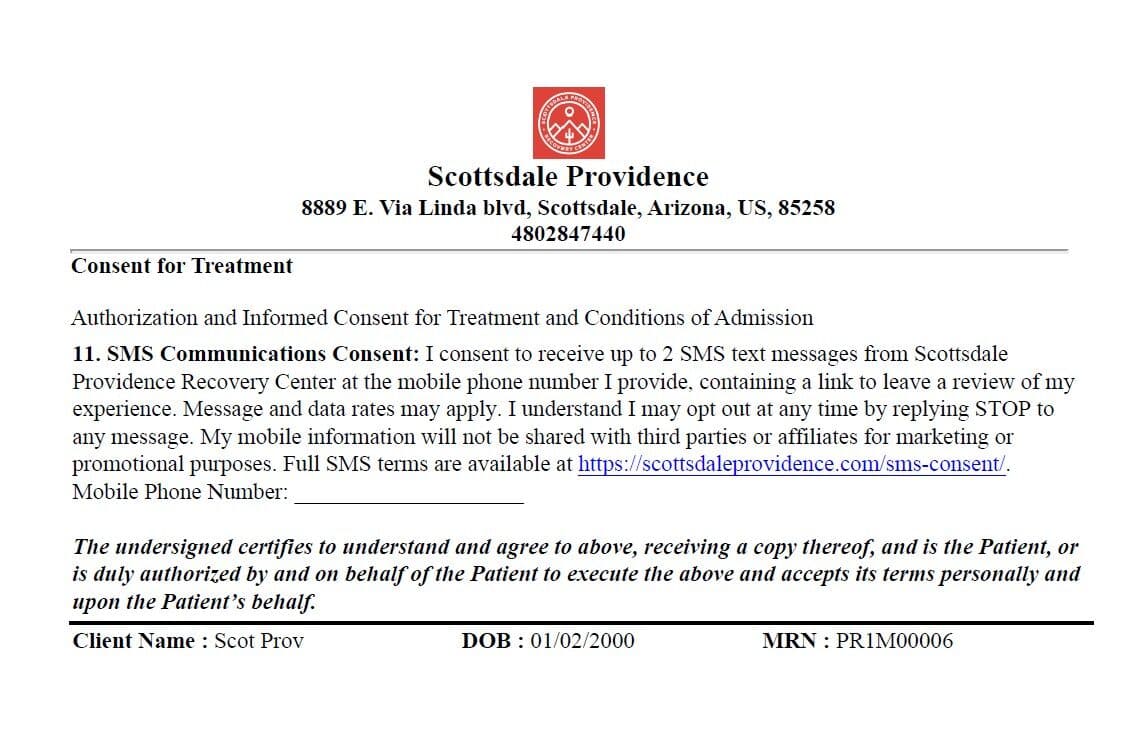 SMS consent section of the Scottsdale Providence intake form